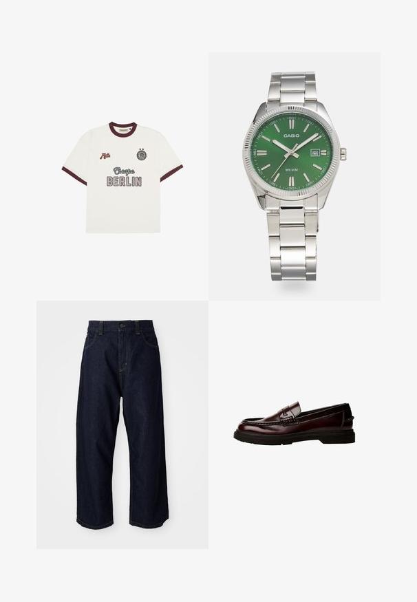 Bela kratka majica s kratkimi rokavi z burgundskimi robovi, besedilo "Escape BERLIN" na sprednji strani na sredini, "Mitte" na levem prsnem delu in krožni emblem z dvema zvezdama na desnem prsnem delu.; Temno modri jeansi z udobnim krojem, z gumbnim zapenjanjem, zankami za pas ter rumenim šivom na žepih in šivih.; Rjave usnjene loafer čevlje z zaobljenim nosom, podrobnim šivanjem in gumijastim podplatom. Imajo okrasni trak in gladko teksturo.; Srebrna ura iz nerjavečega jekla z okroglo zeleno številčnico, srebrnimi oznakami ur, prikazom datuma in kovinskim povezovalnim pasom. Vodoodporna do 50 metrov.