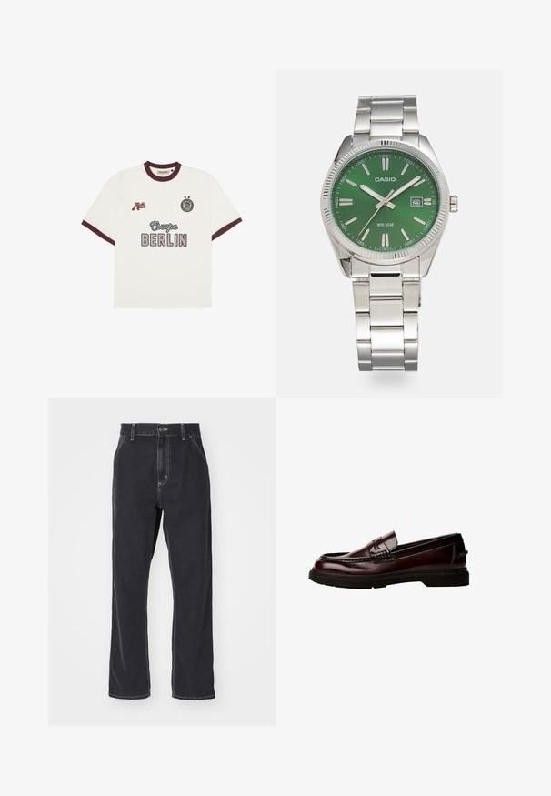 Witte T-shirt met korte mouwen en bordeauxrode afwerking, "Escape BERLIN" tekst op de voorkant in het midden, "Mitte" op de linkerborst en een cirkelvormig embleem met twee sterren op de rechterborst.; Zwarte denim jeans met een recht gesneden pijp, voorzien van een ritssluiting, vijf zakken en contrasterende stiksels langs de naden.; Bruine leren loafers met een ronde neus, gedetailleerde stiksels en een rubberen zool. Voorzien van een decoratieve band, gladde textuur.; Zilveren roestvrijstalen horloge met een ronde groene wijzerplaat, zilveren uurmarkeringen, datumsdisplay en een metalen schakelband. Waterbestendig tot 50 meter.