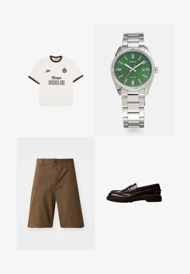 T-shirt bianco a maniche corte con rifiniture borgogna, testo "Escape BERLIN" al centro davanti, "Mitte" sul lato sinistro del petto e un emblema circolare con due stelle sul lato destro del petto.; Pantaloni corti in cotone marrone con taglio dritto, dotati di chiusura frontale con bottone, passanti per cintura e tasche laterali. Tessuto liscio e cuciture pulite.; Mocassini in pelle marrone con punta arrotondata, cuciture dettagliate e suola in gomma. Presentano una fascia decorativa e una texture liscia.; Orologio in acciaio inossidabile argentato con quadrante rotondo verde, marcatori delle ore argentati, display della data e bracciale a maglie in metallo. Resistente all'acqua fino a 50 metri.