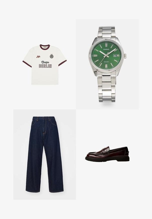 Witte T-shirt met korte mouwen en bordeauxrode afwerking, "Escape BERLIN" tekst op de voorkant in het midden, "Mitte" op de linkerborst en een cirkelvormig embleem met twee sterren op de rechterborst.; Donkerblauwe denim wijdvallende broek met oranje stiksels, vijf zakken en een ritsluiting, met een ontspannen pasvorm en een gladde textuur.; Bruine leren loafers met een ronde neus, gedetailleerde stiksels en een rubberen zool. Voorzien van een decoratieve band, gladde textuur.; Zilveren roestvrijstalen horloge met een ronde groene wijzerplaat, zilveren uurmarkeringen, datumsdisplay en een metalen schakelband. Waterbestendig tot 50 meter.