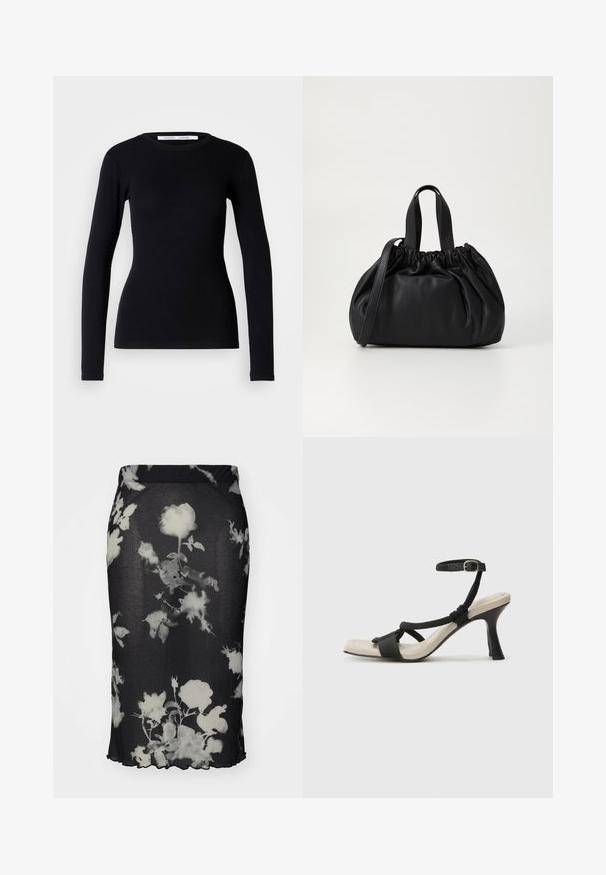 Svart langermet topp laget av ribbet stoff. Har rund hals og tettsittende fasong. Ingen mønstre eller dekorasjoner. Enkelt design.; Svart ribbestrikket skjørt med hvitt blomstermønster, med en tettsittende design og bølget kant. Materialet ser ut til å være elastisk og lett.; Sorte helårs sandaler med flettet stroppesdesign, firkantet tå og justerbar ankelrem. Lys beige fotseng med glanset svart hæl.; Svart lærveske med en samlet toppdesign, som har to korte håndtak og en lang justerbar stropp. Glatt tekstur, rund form.