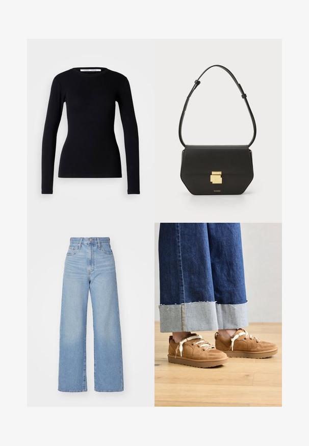 Schwarzes Langarmoberteil aus geripptem Stoff. Hat einen runden Halsausschnitt und eine schmale Passform. Keine Muster oder Verzierungen. Einfaches Design.; Hellblaue High-Waist-Weite-Leg-Jeans mit Knopf- und Reißverschluss vorne, Vorder- und Rückentaschen, auf weißem Hintergrund.; Braune Wildleder-Sneaker mit strukturierten Elementen und hellen Schnürsenkeln. Kombiniert mit weit geschnittenen blauen Jeanshosen mit fransigen Säumen.; CLOSED CLOSED ONE - Umhängetasche - black