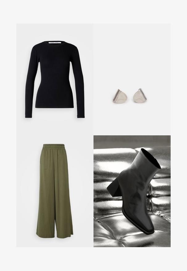 Zwarte lange mouwen top van ribstof. Heeft een ronde halslijn en een getailleerde pasvorm. Geen patronen of versieringen. Eenvoudig ontwerp.; DRYKORN CEILING - Broek - green; Zwarte enkellaarsjes van glanzend materiaal met een vierkante neus en taps toelopende hak, afgezet tegen een glanzende zilveren gecapitonneerde achtergrond.; Zilveren metalen oorbellen met een gladde, druppelvorm en een gepolijste afwerking. Subtiele gravures voegen detail toe. Minimalistisch ontwerp.