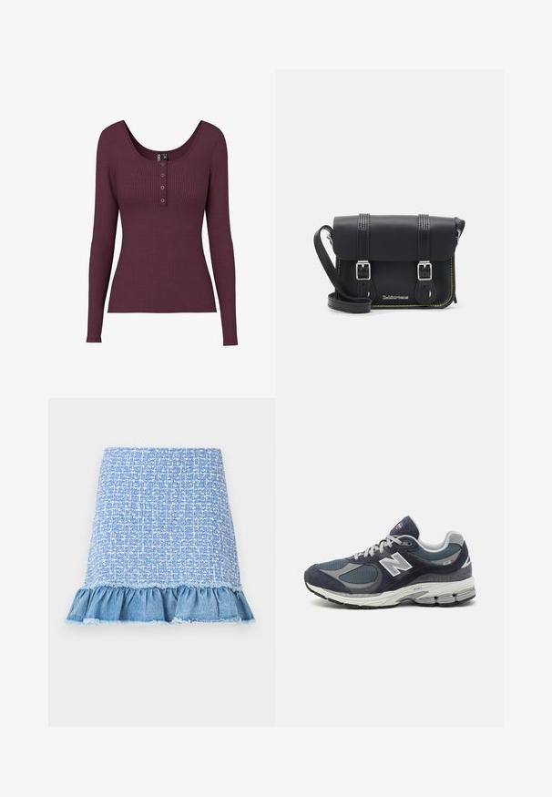 Burgundské žebrované tričko s dlouhým rukávem, kulatým výstřihem a třemi knoflíky na hrudi. Vyrobeno z texturovaného pleteného materiálu.; Světle modrá vlněná sukně s volánkovým denimsovým lemem, která má texturovaný vzor a roztrhané okraje, vytvářející vícerozměrný vzhled.; Tenisky New Balance s horní částí ze síťoviny a semíš, navy barvy, šedé akcenty, bílé logo, polstrovanou podrážkou a texturovanými detaily.; Černá kožená kabelka přes rameno s klopou, dvěma stříbrnými sponami, žlutým prošíváním a nastavitelným popruhem. Vyznačuje se hladkou texturou a kompaktním designem.