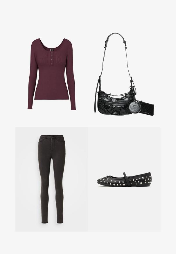 Top de manga larga de canalé burdeos con escote en forma de barco y detalle de tres botones en el pecho. Hecho de material de punto texturizado.; Jeans skinny negros de cintura alta con botón y cremallera en el frente, estilo de cinco bolsillos, mostrados sobre un fondo blanco.; Bailarinas negras de cuero, adornadas con tachuelas plateadas. Cuentan con una correa sobre el empeine y un diseño de punta redonda.; Bolso de mano de cuero sintético negro con un diseño curvado, bolsillo frontal con cremallera y herrajes decorativos, acompañado de un monedero redondo desmontable.