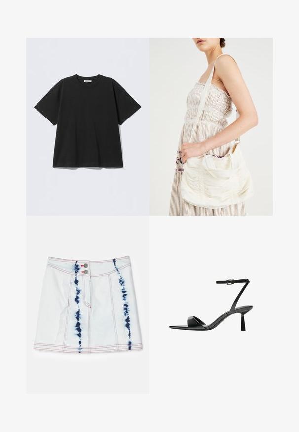 Crna prevelika majica od pamuka, s okruglim izrezom i kratkim rukavima. Jednostavan dizajn bez uzoraka ili detalja.; Traper mini suknja svijetlo plave boje s tie-dye uzorcima u tamnoplavoj. Ima crvene šavove i dva prednja dugmeta. Kratka dužina s uskim krojem.; Bershka Sandale s visokom petom - black; Bijela platnena torba s naramenicom, nabranom teksturom, podesivom trakom i srebrnim hardverom. Prikazana uz krem haljinu.