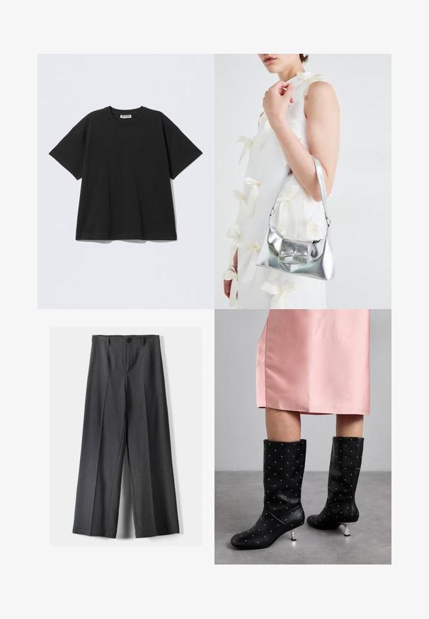 Black oversized t-shirt made of cotton, featuring a crew neckline and short sleeves. Simple design with no patterns or accents.; Wide-leg trousers in dark grey fabric, featuring a button closure, front pleats, and belt loops. Smooth texture with a tailored design.; Black knee-high boots made of smooth material, featuring a subtle studded pattern and silver tone heel. Paired with a pink satin dress.; Silver metallic handbag with a structured shape, featuring a top handle and bow detail on the front. Smooth texture, reflective finish.