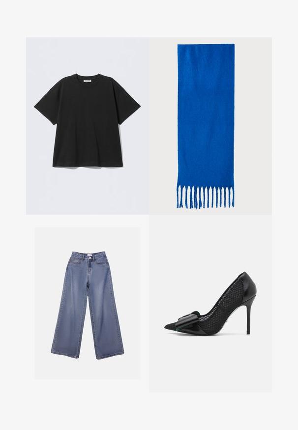 Mustast puuvillast valmistatud liibuva lõikega t-särk, millel on ümara kaelusega ja lühikesed varrukad. Lihtne disain ilma mustrite või rõhutusteta.; Laia sinise pesu laiad teksad, millel on kõrge talje, ees taskud ja nööbilukuga vöörihmade jaoks.; Mustad mustakäe jalats, millel on terav varvas, sujuva nahast esiosa ja tekstureeritud võrkpoolsed, kaunistatud suure kõlaga detailiga.; Sinine frilliga sall pehmest kangast; omab ühtlast värvi tekstuuriga pinnaga ja ühtlaselt lõigatud frilli allosas.