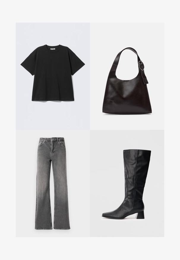 Mustast puuvillast valmistatud liibuva lõikega t-särk, millel on ümara kaelusega ja lühikesed varrukad. Lihtne disain ilma mustrite või rõhutusteta.; Laialdased teksad tumedas hallis denimis, millel on kõrge talje, viis taskut ja minimaalne pleekimine. Metallne nööp ja lukku.; Must sukalapala nahkasaapad terava nina ja ploki kontsaga, kerget heledal taustal.; Pruun nahkne õlakott sujuva tekstuuriga, ümar kuju, laia rihmaga ja ümara metallise aktsendiga käepidemel.