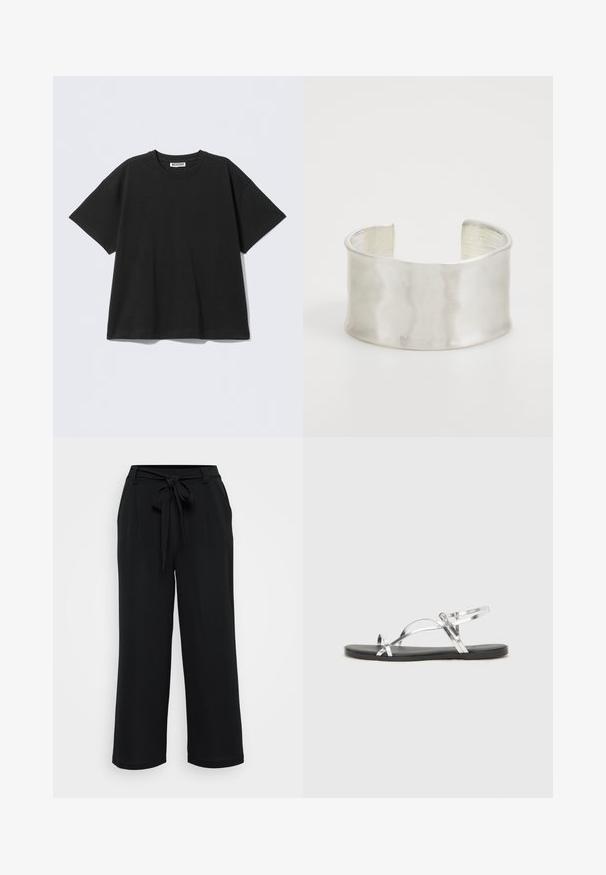 Svart oversized t-skjorte laget av bomull, med rund hals og korte ermer. Enkel design uten mønstre eller detaljer.; Sorte vidde bukser laget av myk stoff. Har en front knytbelte, folder og oppbrettede mansjetter, som gir en avslappet silhuett.; Sølvfargede metall sandaler med et minimalistisk design, som har tynne stropper og en sort flat såle. Fremhevingene inkluderer kryssremmer.; Zign Armbånd - silver-coloured