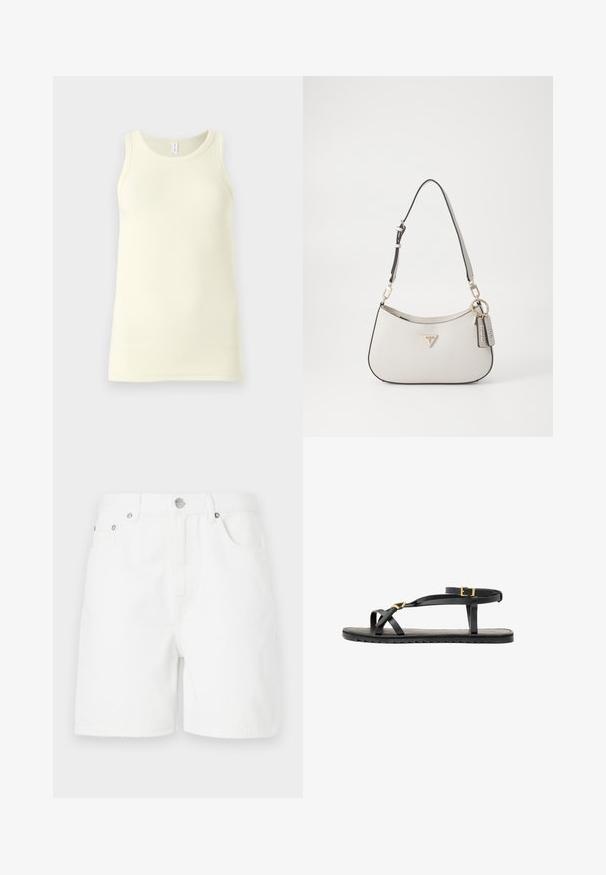 Tricou din bumbac de culoare galben deschis, cu textură canelată, decolteu rotund și bretele late. Se lasă drept, fără aplicații.; Shorts din denim alb cu croi drept, dotate cu buzunare frontale și închidere cu nasture. Materialul are o textură netedă și nu are modele vizibile.; Sandale negre din piele, cu curele subțiri și o curea cu cataramă la gleznă. Talpă plată cu un finisaj texturat și margine în zigzag. Design minimalist.; Geantă albă texturată cu o formă curbată, accesorii din aur, curea detașabilă și un accent cu logo. Include o etichetă tip breloc cu branding.
