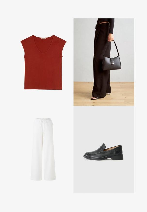 Haut rouge à manches courtes avec un décolleté en V, fabriqué dans un tissu doux. Il présente une coupe décontractée et des bords ourlés. Aucune motif ou embellissement visible.; Pantalons larges blancs en tissu léger avec une taille élastique et un cordon de serrage. Texture lisse, sans motifs ni accents visibles.; Mocassin en cuir noir avec un petit talon, présentant un design cousu et un style à enfiler, sur fond blanc uni.; Sac à main noir à la forme structurée, texture lisse et fermoir métallique. Associé à un pantalon noir ample et des sandales ouvertes sur un sol en bois.