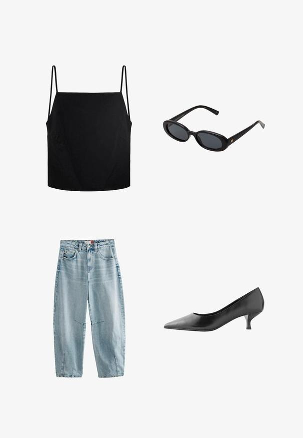 Top negru fără mâneci, cu bretele subțiri, realizat dintr-un material neted. Are o croială largă și două buzunare laterale pentru un plus de utilitate.; Jeans din denim de culoare bleu deschis, cu talie înaltă, croială lejeră, două buzunare frontale, decolorare subtilă și deschideri laterale la tiv.; Next FOREVER COMFORT COURT - Pantofi clasici cu toc - mottled black; Ochelari de soare supradimensionați, cu lentile ovale, cadru din plastic neted și accente aurii pe brațe. Lentilele întunecate oferă protecție solară.
