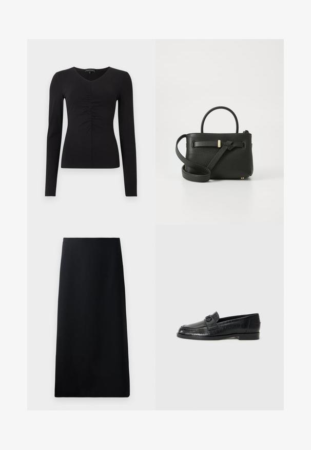 Camisola preta de mangas compridas com decote em V e detalhe franzido à frente, confeccionada em tecido liso. Silhueta ajustada e design minimalista.; Saia midi preta feita de tecido suave, com uma silhueta estruturada com um formato reto e sem padrões ou adornos visíveis.; Mocassins de couro preto com um cabedal suave, padrão linear em relevo e um detalhe decorativo em fivela no peito do pé. Salto baixo e quadrado.; Bolsa de mão em pele preta com acabamento texturizado, alças superiores e uma alça ajustável longa. Apresenta um detalhe em metal dourado na parte da frente.