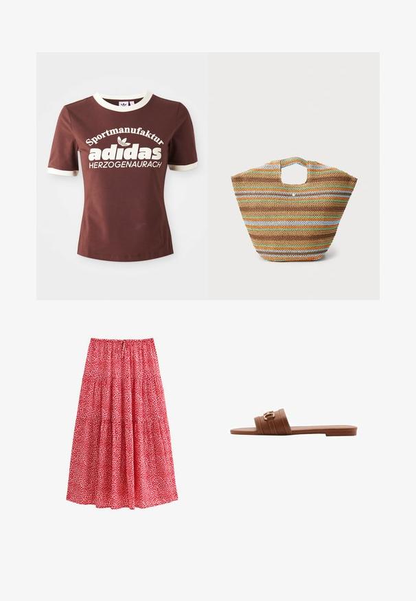 Bruine t-shirt met korte mouwen, voorzien van een crèmekleurige kraag en manchetten. Heeft grote witte tekst met de opdruk "Sportmanufactur adidas Herzogenaurach."; Rode rok met een bloemenpatroon en witte accenten, gerimpelde tailleband, gelaagd ontwerp en lichtgewicht stof.; Bruine leren slipper met twee brede banden, voorzien van decoratieve stiksels en een gouden gesp als accent. Plat ontwerp van de zool.; Geweven rieten boodschappentas met veelkleurige strepen in bruin, groen, oranje en blauw. Heeft een platte vorm en twee handgrepen. Lichtgewicht ontwerp.