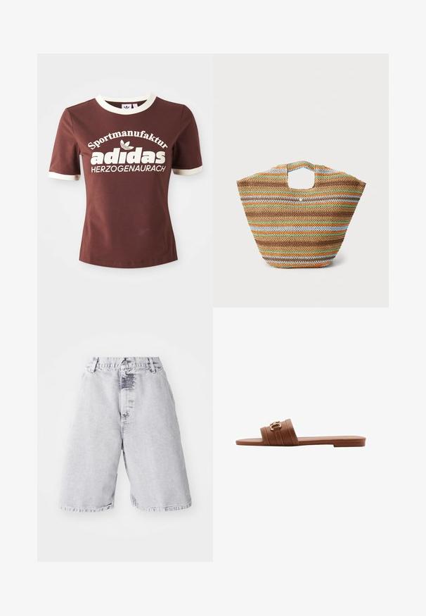Hnědé tričko s krátkým rukávem a krémovým límečkem a manžetami. Na přední straně je velký bílý nápis "Sportmanufactur adidas Herzogenaurach."; Džínové šortky v světlé šedé barvě s vybledlým vzhledem. Mají zapínání na knoflík a zip, poutka na opasek a rovný střih.; Hnědé kožené sandály na ploché podrážce s dvěma širokými pásky, zdobené dekorativním prošíváním a akcentem ve zlatém tónu. Design s plochou podrážkou.; Tkaná slámová taška s vícebarevnými pruhy v hnědé, zelené, oranžové a modré. Má plochý tvar a dvě otvory na ruce. Lehký design.