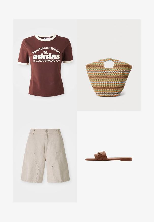 Ruskea lyhythihainen t-paita, jossa on kerma-värinen kaulus ja hihansuut. Paidassa on suuri valkoinen teksti, joka lukee "Sportmanufactur adidas Herzogenaurach."; Lyhyet beigewashed-linokankaiset housut löysällä leikkauksella, joissa on kaksi etutaskua ja pyöreät metallikoristeet. Rentoa muotoilua, jossa on teksturoitu pinta.; Ruske nahkaste sanitarne sandale z dvema širokima trakovoma, ki imajo okrasni šiv in zlat toniran gumb. Oblika ravnega podplata.; Punottu olkioljetasku, jossa on moniväriset raidat ruskeassa, vihreässä, oranssissa ja sinisessä. Ominaisuuksiin kuuluu tasainen muoto ja kaksi käden avointa osaa. Kevyt malli.