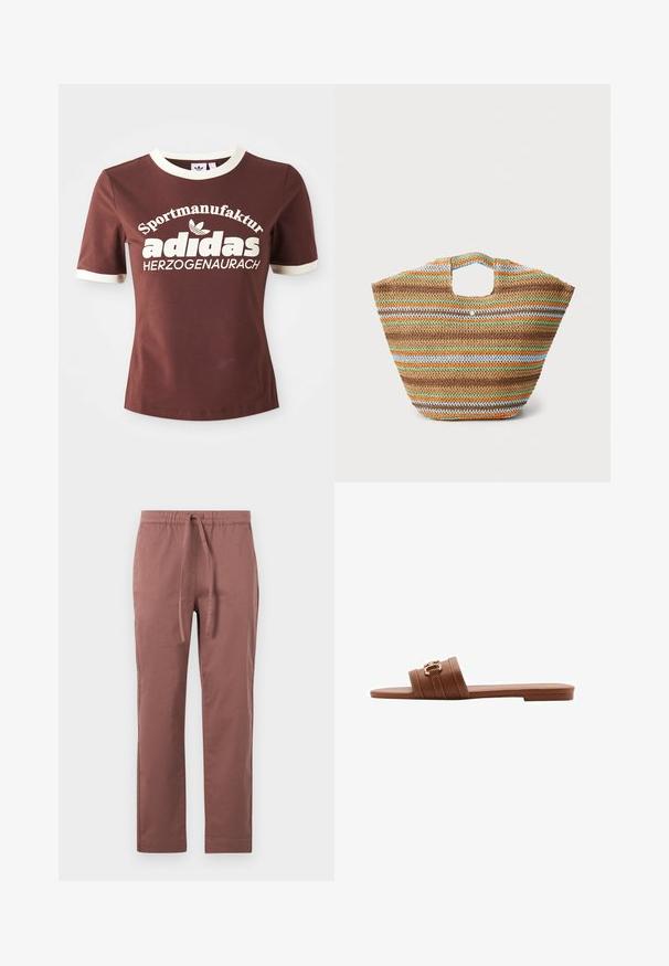 Braunes Kurzarm-T-Shirt mit cremefarbener Kragen und Ärmeln. Verziert mit großen weißen Schriftzug "Sportmanufactur adidas Herzogenaurach."; Braune Baumwollmischungshose mit einem elastischen Bund und Kordelzug. Gerade Beinform mit Seitentaschen, glatter Textur und ohne sichtbare Muster.; Braune Leder-Sandale mit zwei breiten Riemen, dekorativen Nähten und einem Akzent in Goldfarbe. Flache Sohle.; Gewebte Strohtasche mit mehrfarbigen Streifen in Braun, Grün, Orange und Blau. Verfügt über eine flache Form und zwei Handöffnungen. Leichtes Design.