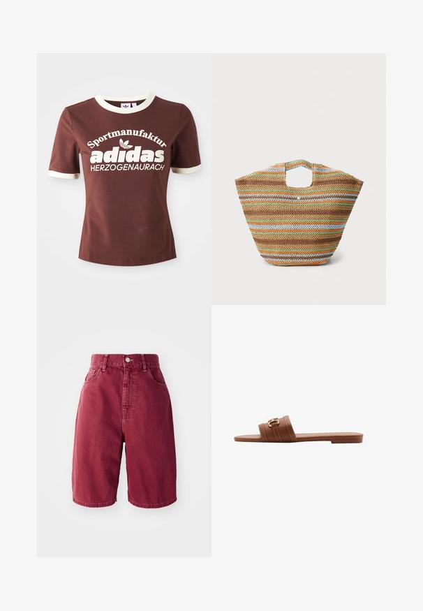 Bruine t-shirt met korte mouwen, voorzien van een crèmekleurige kraag en manchetten. Heeft grote witte tekst met de opdruk "Sportmanufactur adidas Herzogenaurach."; Bordeaux denim shorts met een hoge taille. Kenmerken zijn onder andere twee voorzakken, een enkele knoopsluiting en een rechte pijp.; Bruine leren slipper met twee brede banden, voorzien van decoratieve stiksels en een gouden gesp als accent. Plat ontwerp van de zool.; Geweven rieten boodschappentas met veelkleurige strepen in bruin, groen, oranje en blauw. Heeft een platte vorm en twee handgrepen. Lichtgewicht ontwerp.