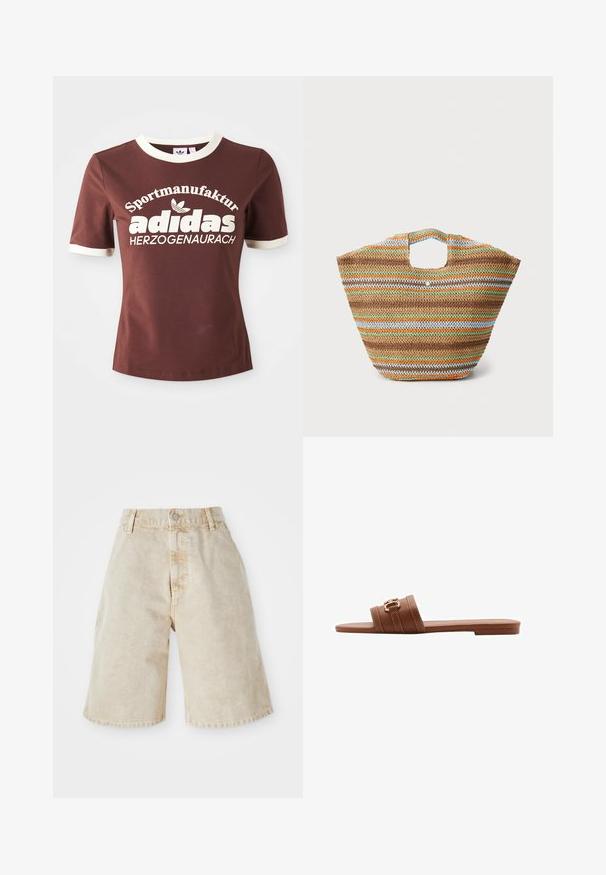 Rjava majica s kratkimi rokavi s krem barvo ovratnika in manšetami. Ima velik bel napis "Sportmanufactur adidas Herzogenaurach."; Bež jeans kratke hlače z visokim pasom, zapiranjem na gumb in sprednjimi žepi. Imajo sproščen, ohlapen kroj in rahlo raztrgane robove.; Rjave usnjene natikače s širokima dvema trakom, ki vključujeta okrasno šivanje in zlat ton sponko. Oblikovan z ravnim podplatom.; Tkanina iz slame torba s večbarvnimi črtami v rjavi, zeleni, oranžni in modri barvi. Ima ravno obliko in dve ročaji. Lahka zasnova.