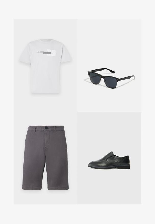 Vitt bomullströja med grafisk tryck med "NORTHERN AESTHETICS" och "EST. 2007" i grått. Klassisk rund halsringning, kort ärm.; Grå shorts i bomullsblandning med knappstängning, sidfickor och en ren, rak skärning.; Svart lädersko i slip-on-modell med en slät ovandel, sömnadsdetaljer, rund tå och låg gummihäl. Sulan har minimal mönstring.; Svarta solglasögon med rektangulär form, mörka linser, silverdetaljer vid skalmarna och en matt yta på ramen.