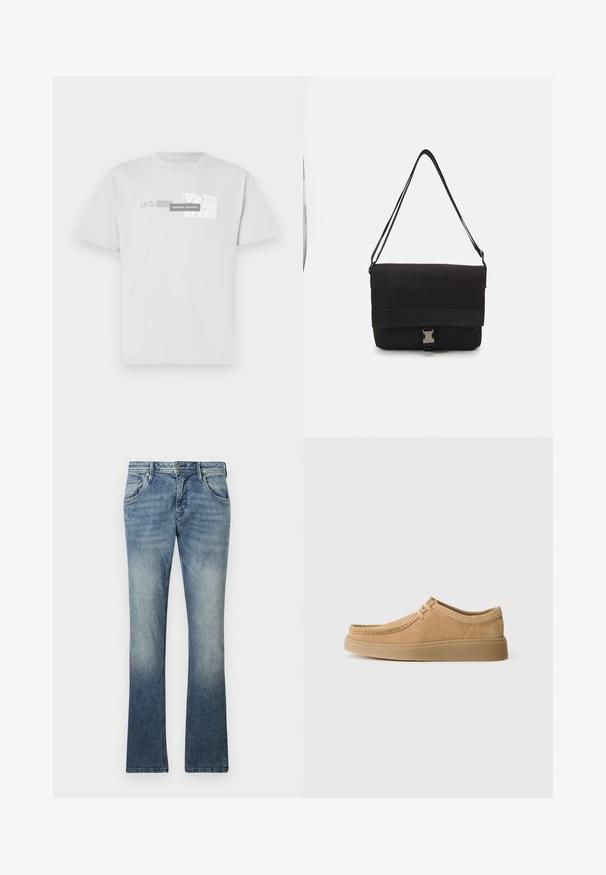 Valge puuvillane T-särk, mis on kaunistatud graafilise printimisega, millel on kirjad "NORTHERN AESTHETICS" ja "EST. 2007" halli värviga. Klassikaline ümar kaelus, lühikesed varrukad.; Heledad sinine teksapükste flaier, millel on gradiente pesu, viie tasku disain, metallist nupu sulgemine ja nähtav õmblus pükste õmblustel.; Kergedest nahast kingad heledas pruunis värvitoonis, ümarate varvastega, tõmblustega detailidega ja lameda kummitaldaga, näidates sujuvat tekstuuri.; Mustmust kärjer, mis on valmistatud siledast materjalist, fold-over klapiga, hõbedaste kinnitustega ja reguleeritava õlarihmaga.