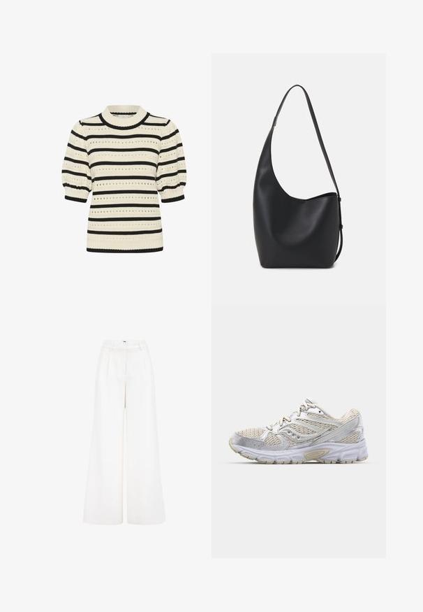 Megzta megija su kreminės ir juodos horizontaliomis juostomis, trumpomis pūstomis rankovėmis, raištiniu apykaklės kraštu ir akytomis raštais visoje megijoje.; Plati kojinės, pagamintos iš lengvos medžiagos, pasižyminčios švariai baltos spalvos, aukštu liemeniu ir plisuota priekyje, suteikiančia papildomą detalumą.; Lengvas bėgimo batelis su baltu tinklu ir sidabro akcentais, paminkštintu padu ir tekstūruota guminėmis išorinėmis dalimis, užtikrinančiomis sukibimą.; Juodas odinis hobo maišas su lygiu paviršiumi, kreipta forma ir viena reguliuojama rankena; turi platų atidarymą viršuje.