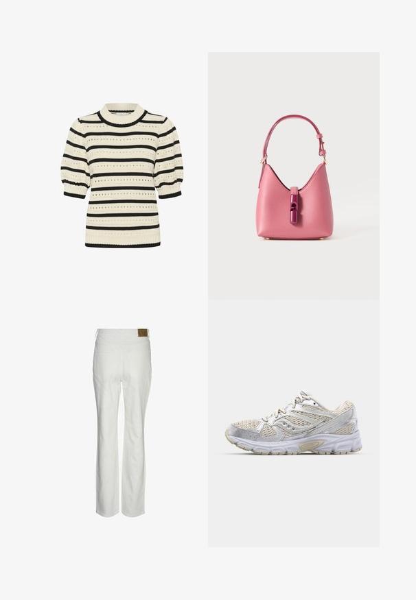 Suéter de punto con rayas horizontales en crema y negro, mangas cortas abullonadas, cuello de canalé y patrones de ojales a lo largo.; Pantalones de tiro alto blancos hechos de una mezcla de algodón. Presentan un corte recto, dos bolsillos traseros y una etiqueta marrón de marca en la cinturilla.; Zapatilla de correr ligera con una parte superior de malla blanca con acentos plateados, suela acolchada y suela de goma texturizada para mayor agarre.; Bolso de cuero rosa con una forma estructurada, que presenta un cierre de acento brillante y una sola correa ajustable. Acabado texturizado con herrajes dorados.