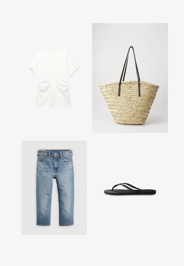 Bela bluzica s kratkimi rokavi in okroglo ovratnikom, z nabranimi stranskimi detajli, prikazana na enobarvnem ozadju.; Svetlo modri kavbojki z ravnim krojem, srednjim pasom, petimi žepi in vidnim šivanjem. Noge so skrajšane nad gležnjem.; Črne natikače z teksturirano gumijasto podlogo, dvema ozkima trakoma in subtilnim, vtisnjenim logom na traku.; Tkana slamnata torba z široko, konusno obliko, ki ima dva črna usnjena ročaja. Naravna bež barva z teksturo.