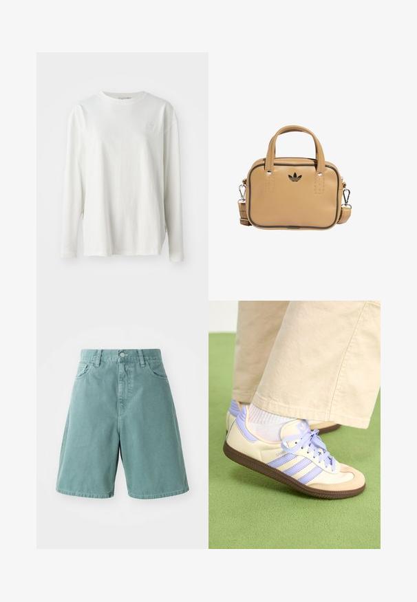 T-shirt bianco a maniche lunghe in cotone, con collo rotondo, spalle scese e un logo discreto sul petto. Texture morbida.; Pantaloni corti in denim di cotone verde con vita alta, dotati di cinque tasche e chiusura con bottone, progettati con una vestibilità rilassata e una texture liscia.; Sneakers crema e lavanda con tre strisce e suola marrone texturizzata, dotati di lacci e tallone imbottito. Parte superiore in tessuto morbido.; Borsa in ecopelle color tan con due manici, tracolla removibile, cuciture nere a contrasto e un piccolo logo nero sul davanti.