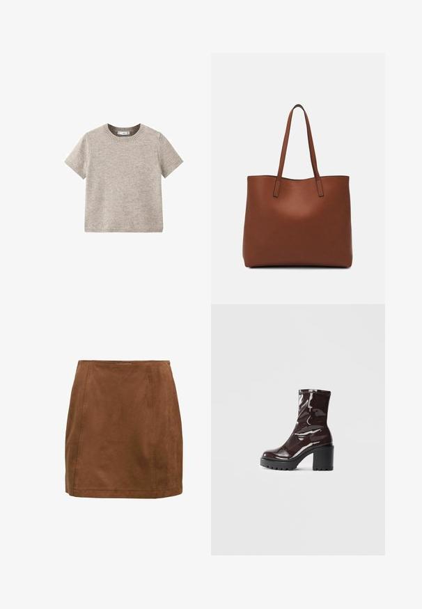 Beige trui met korte mouwen, gemaakt van zachte breisels. Heeft een ronde halslijn en ribgebreide zomen. Eenvoudig en minimalistisch ontwerp.; Bruine suède mini-jurk met een gladde textuur, rechte snit en subtiele naden. Voorzien van een tailleband en een minimalistisch ontwerp.; Glanzende bordeauxrode enkelboot met een chunky zwarte hak, met een gladde textuur en een eenvoudig ontwerp. Geen zichtbare sluitingen of patronen.; Bruine leren tote bag met een gladde textuur, een ontwerp met een open bovenkant en twee schouderbanden. Kenmerkt zich door minimale stiksels en geen zichtbare hardware.