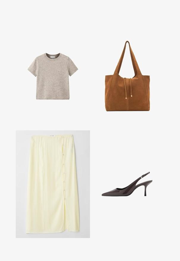 Bežna kratkohlavna pulover iz mehkega pletenega materiala. Ima okroglo ovratnico in ribane robove. Preprost in minimalističen dizajn.; Dolga, bleda rumena krila iz mehkega blaga s stranskim razporkom in gumbnim zapiranjem, ki se ponaša z gladko teksturo in sproščenim krojem.; Svetle črne slingback pete s pointed toe v temno rjavi lakirani usnjeni obliki, ki vključujejo vitko visoko peto in nastavljiv gleženjski trak z zaponko.; Rjava semiš torba z dvema dolgima ročajema, z vrvico za zapiranje in minimalističnim dizajnom. Gladka tekstura in brez vidnih kovinskih dodatkov.