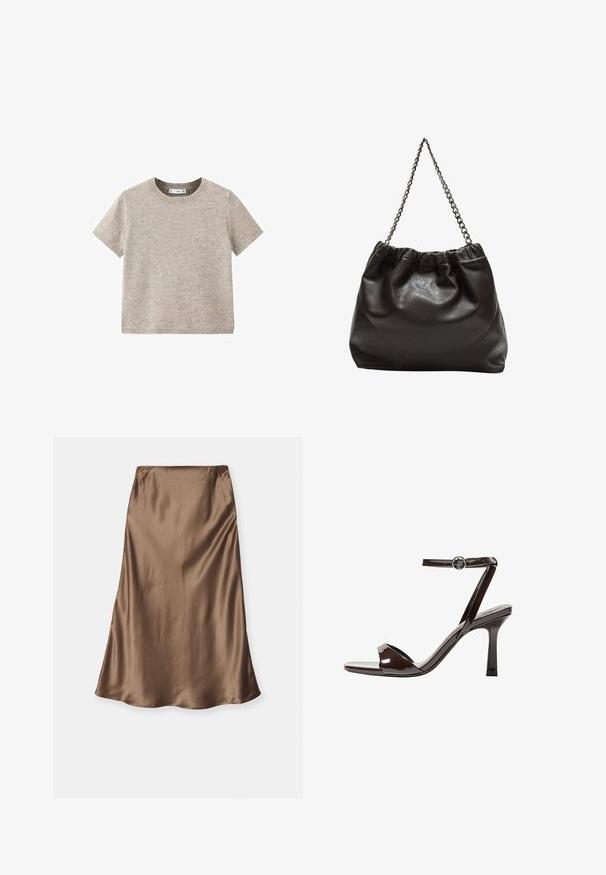 Beige trui met korte mouwen, gemaakt van zachte breisels. Heeft een ronde halslijn en ribgebreide zomen. Eenvoudig en minimalistisch ontwerp.; By Malene Birger BOSHAN - A-lijn rok - shitake; Bruine gepatenteerde lederen sandaal met hoge hak, enkelbandje, open teen, en een strak, minimalistisch ontwerp. Voorzien van een vierkante hak.; Bruine leren tas met een geplooide bovenkant en een kettinghengsel. Glad textuur met een glanzende afwerking en subtiele naaddetails aan de zijkanten.