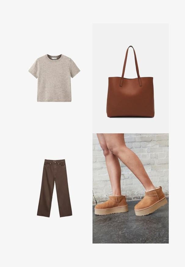 Beiger kurzärmeliger Pullover aus weichem Strickmaterial. Hat einen runden Halsausschnitt und gerippte Abschlüsse. Einfaches und minimalistisches Design.; Weite braune Jeans aus Denim, mit hoher Taille, Fronttaschen und klassischem Knopfverschluss. Glatte Textur mit feinen Nähten.; Braune Wildleder-Stiefeletten mit einem weichen Futter, dicker beige Plateau-Sohle und einer Zuglasche auf der Rückseite. Strukturiert Oberfläche mit sichtbaren Nähdetails.; Braune Leder-Tote mit glatter Textur, offenem Oberteil und zwei Schulterriemen. Verfügt über minimale Nähte und keine sichtbaren Beschläge.