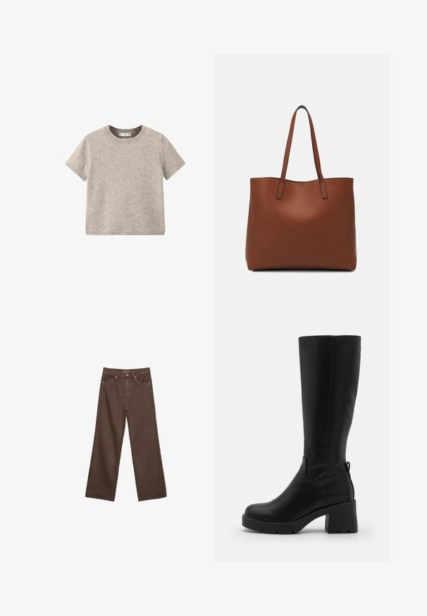 Beige kortärmad tröja i mjukt stickat material. Har rund halsringning och ribbade fållar. Enkel och minimalistisk design.; Breda bruna jeans i denim med hög midja, framfickor och klassisk knäppning. Slät textur med subtil sömnad.; Even&Odd Platåstövlar - black; Brun läder tote-väska med en slät textur, öppen toppdesign och två axelremmar. Har minimal söm och ingen synlig metalldetalj.