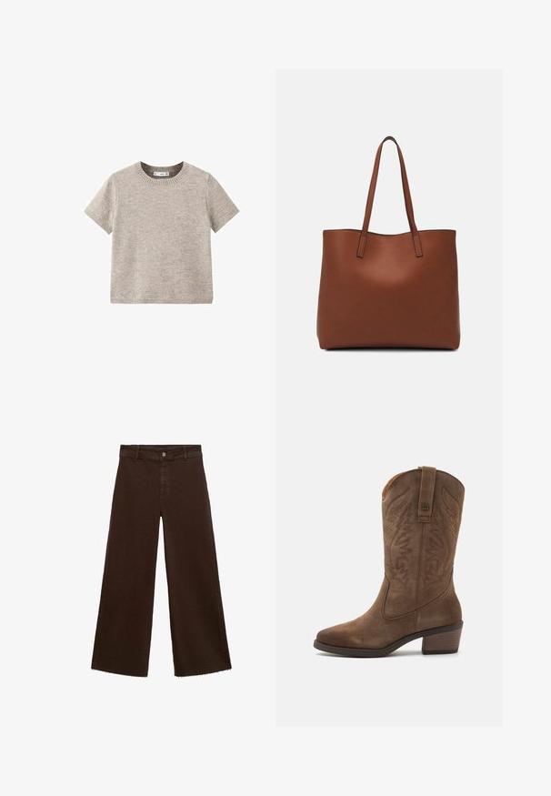 Beige short-sleeved sweater made of soft knit material. Features a round neckline and ribbed hems. Simple and minimalistic design.; Brown wide-leg trousers in cotton blend, featuring a frayed hem, front button closure, and classic five-pocket design. Minimalistic and versatile.; mtng TEO - Cowboy/Biker boots - siena; Brown leather tote bag with a smooth texture, open top design, and two shoulder straps. Features minimal stitching and no visible hardware.