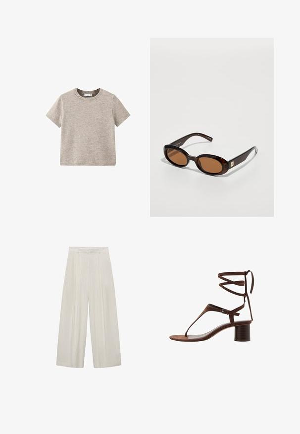 Bežni pulover kratkih rukava od mekog pletenog materijala. Ima okrugli izrez i rebrovane rubove. Jednostavan i minimalistički dizajn.; Hlače širokih nogavica u svijetlosmeđoj boji s vertikalnim bijelim prugama. Imaju visoki struk, naborani prednji dio i glatku teksturu.; Smeđe suède sandale s visokom petom s trokutastim remenom za prste, vezanjem oko gležnja i teksturiranom blok petom za stabilnost.; Smeše smeđe boje sunčane naočale s ovalnim lećama, koje imaju tanak okvir i mali metalni detalj sa strane. Obrada je teksturirana i polirana.; Smeđa kožna torba s dvije duge ručke, strukturiranog pravokutnog oblika, glatke teksture i zaobljenih rubova. Sadrži ukrasne detalje na ručkama.