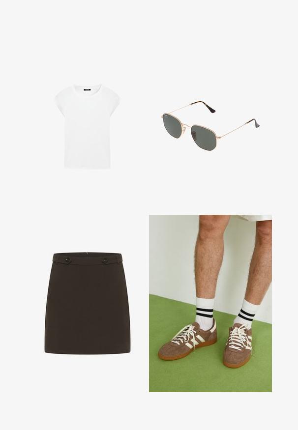 T-shirt blanc à manches courtes en coton doux, avec un col rond et des manches raglan, présentant une coupe droite et décontractée sans motifs.; Jupe mini marron en tissu lisse. Présente une taille ajustée avec deux boutons à l'avant. Design simple, sans motifs ni accents supplémentaires.; Baskets en daim marron avec des accents et des lacets blancs. Semelle en caoutchouc gomme. Portées avec des chaussettes blanches à rayures noires. Sol texturé vert.; Lunettes de soleil en métal doré avec des verres vert foncé, de style aviateur, dotées de branches fines et d'accents en écaille de tortue sur les embouts.; Sac à main en daim marron avec une forme courbe, des accents en cuir, une quincaillerie dorée et une fermeture zippée. Présente une plaque logo bien visible.