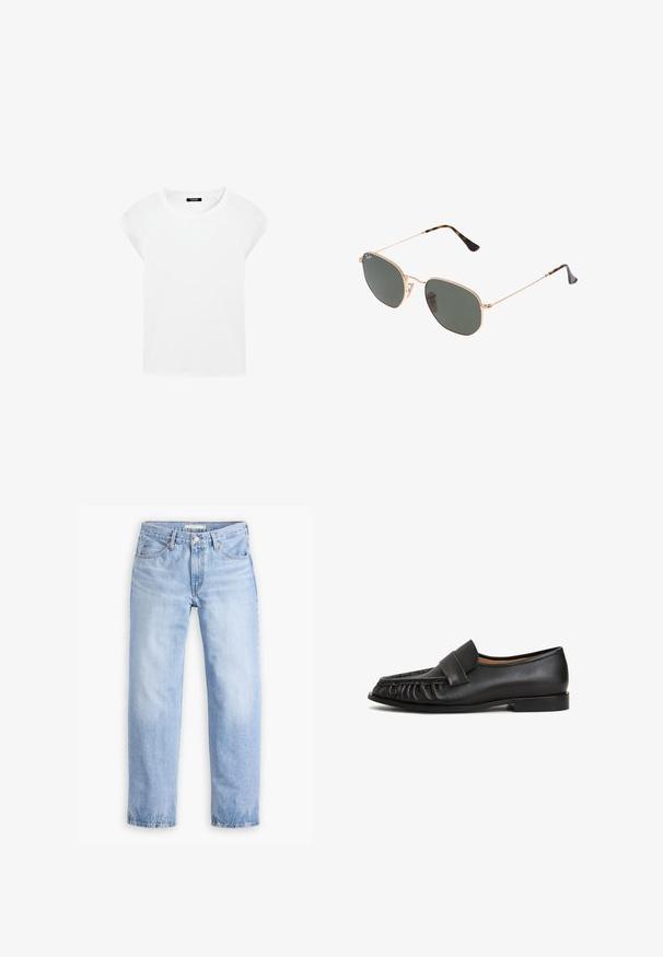 Biała koszulka z krótkim rękawem wykonana z miękkiej bawełny, o okrągłym dekolcie i raglanowych rękawach, charakteryzująca się luźnym, prostym krojem bez wzorów.; Jasnoniebieskie dżinsy o prostym kroju, z pięcioma kieszeniami i średnim stanem. Charakteryzują się wyblakłą teksturą i przeszytymi brzegami.; Czarne skórzane mokasyny z okrągłym noskiem, z marszczonymi detalami z przodu i płaską podeszwą. Minimalistyczny design z gładką teksturą.; Złote okulary przeciwsłoneczne w stylu aviatora z ciemnozielonymi soczewkami, z wąskimi ramionami i akcentami w panterkę na końcach.; Czarna pikowana torebka skórzana z złotym łańcuszkiem i zapięciem na zamek. Ma wzór w romby, gładką teksturę i elegancki prostokątny kształt.