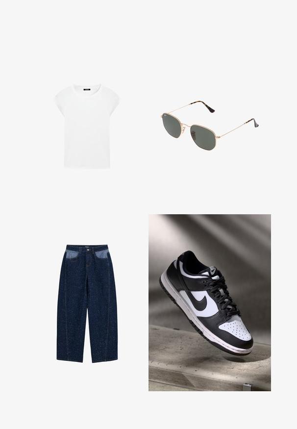 Bílá krátká tričko s krátkým rukávem vyrobené z měkké bavlny, s kulatým výstřihem a raglánovými rukávy, s uvolněným, rovně střiženým stykem bez vzorů.; Tmavě modré denimové kalhoty s širokými nohavicemi, které mají skvrnité textury, dvě přední kapsy s kontrastní světlou látkou a viditelné detaily stehu.; Černobílé tenisky Nike Dunk Low s koženým svrškem, perforovanou špičkou a černými tkaničkami, s bílou podrážkou a akcenty loga.; Sluneční brýle s kovovým zlatým rámem a tmavě zelenými skly, styl aviatorek, s úzkými obroučkami a želvovinovými akcenty na špičkách.