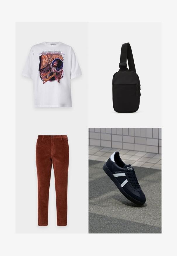 Balta medvilninė marškinėliai trumpomis rankovėmis su daugiakcoloriu grafiniu spaudiniu, vaizduojančiu futbolo šalmas ir tekstu "1972 PASAULIO ČEMPIONAI."; Rudaisvio spalvos korduroy kelnes su tiesiu kirpimu, turinčios vieną mygtuko užsegimą ir tekstūruotą raštą per visą audinį.; Juodas odinis sportinis batelis su baltais dryžiais, tekstūruota gumine padais ir raišteliais priekyje. Yra prekės ženklą žymintis etiketė ant liežuvio.; Juodas per petį nešiojamas krepšys, pagamintas iš patvarios medžiagos, su vienu reguliuojamu diržu, užtrauktuku užsidarančia pagrindine kišene ir priekyje esančia kišene.