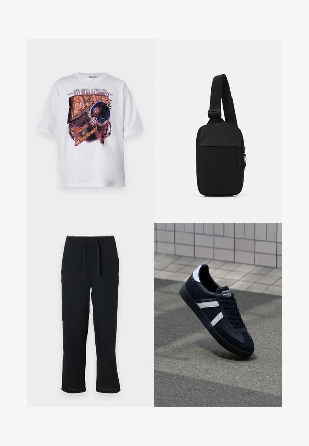 T-shirt en coton blanc à manches courtes avec un imprimé graphique multicolore représentant un casque de football et le texte "1972 CHAMPIONS DU MONDE."; Pantalons noirs légers avec une taille élastique, coupe décontractée et tissu texturé. Jambes droites avec un bas légèrement fuselé.; Sneaker en cuir noir avec des rayures blanches, semelle en caoutchouc texturée et devant à lacets. Présente une étiquette de marque sur la languette.; Sac bandoulière noir en tissu durable, avec une seule sangle ajustable, un compartiment principal zippé et une poche avant.