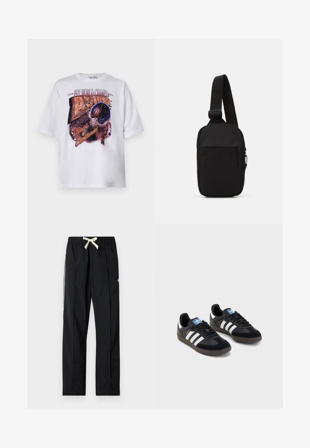 T-shirt branca de algodão com mangas curtas, apresentando uma estampa gráfica multicolorida de um capacete de futebol e o texto "1972 CAMPEÕES MUNDIAIS."; Calças pretas, leves, com um ajuste relaxado, cinta elástica e cordão. Apresenta riscas brancas laterais e um pequeno logótipo na coxa.; Sneakers pretos com parte superior em camurça e sintético, apresentando três riscas brancas, sola de borracha texturizada e etiqueta azul no linguete.; Bolsa de ombro preta feita de tecido durável, apresentando uma única alça ajustável, um compartimento principal com fecho de correr e um bolso frontal.