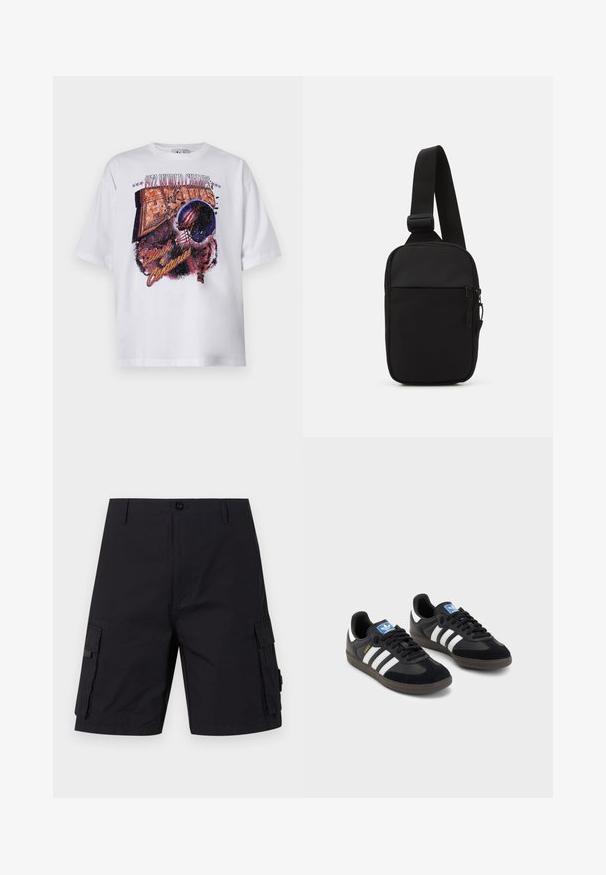 Weißes Baumwoll-T-Shirt mit kurzen Ärmeln, das einen mehrfarbigen Grafikdruck eines Footballhelms und den Text "1972 WELTMEISTER" zeigt.; Schwarze Cargoshorts mit geradem Schnitt, aus strapazierfähigem Gewebe. Verfügt über zwei Seitentaschen und einen Knopfverschluss.; Schwarze Sneaker mit einem Obermaterial aus Wildleder und Synthetik, ausgestattet mit drei weißen Streifen, einer strukturierten Gummi-Sohle und einem blauen Logo-Tag auf der Zunge.; Schwarze Umhängetasche aus robustem Gewebe, mit einem verstellbaren Tragegurt, einem Reißverschluss-Hauptfach und einer Fronttasche.