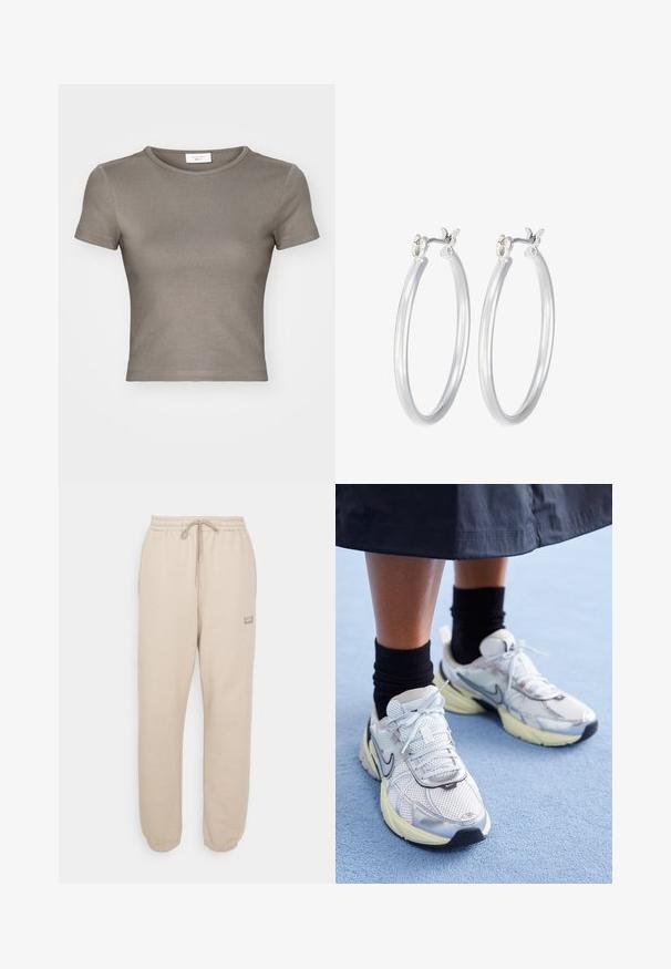 Kratkotonasta majica s kratkimi rokavi in okroglim izrezom v taupe barvi, izdelana iz gladkega bombaža. Značilnosti vključujejo oprijet kroj in fino šivanje ob robu ter rokavih.; Bežna trenirka s elastičnim pasom, vrvico za zategovanje in zoženimi manšetami. Ima majhen logotip na strani. Mehak material.; Bele in srebrne Nike teniske z mrežasto tkanino, refleksnimi poudarki in bež podplatom. Nosi se z črnimi nogavicami, stoji na modri površini.; Srebrni obroči za ušesa z gladko, polirano površino. Okrogla oblika in varna zaponka s klikom. Lahka zasnova, primerna za vsakodnevno nošenje.