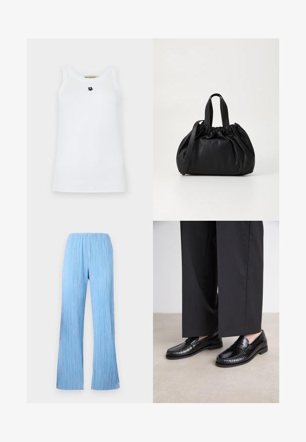 Witte mouwloze tanktop van katoen, met een ronde halslijn en een klein zwart berenlogo in het midden. Soepele textuur.; Lichtblauwe geplooide broek met een wijd uitlopend ontwerp, voorzien van verticale strepen en een elastische tailleband voor comfort. Glad, lichtgewicht stof.; Zwarte leren instappers met een gladde afwerking, gestikte details rond de teen en een lage rubberen zool. Gepaard met brede zwarte broeken.; Zwarte leren handtas met een geplooid ontwerp aan de bovenkant, voorzien van twee korte handvatten en een lange verstelbare schouderband. Gladde textuur, ronde vorm.