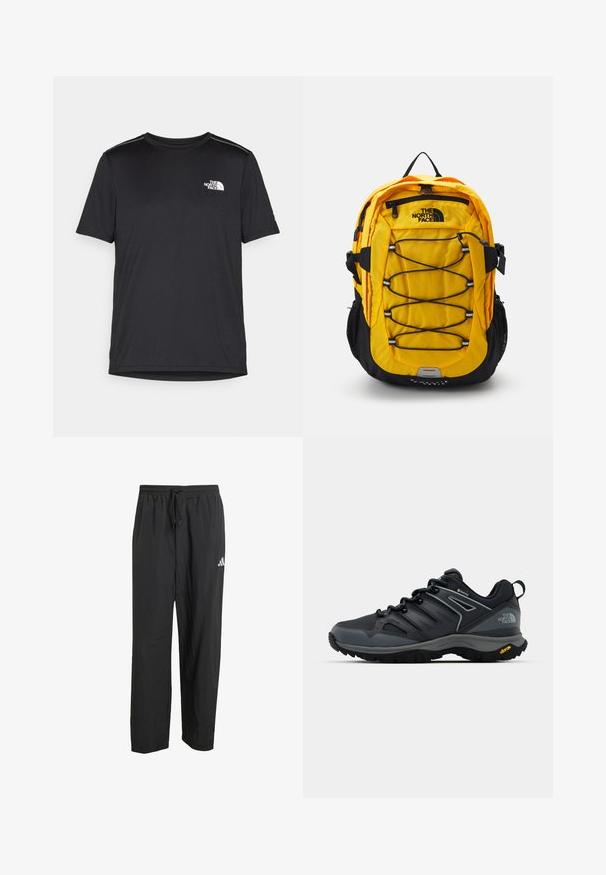 Juodas trumpas rankovės marškinėliai, pagaminti iš lengvos medžiagos. Yra mažas baltas logotipas kairiajame krūtinės pusėje ir subtilūs pečių akcentai.; Mergiškos juodos sportinės kelnės, pagamintos iš lengvos medžiagos, su elastingu juosmeniu ir raišteliu bei mažo balto logotipo akcentu ant vienos kojos.; Juodas žygio batelis su kvėpuojančia viršutine dalimi, tekstūruotais akcentais, guminiu padu ir atspindinčiais detaliais. Ant kulno yra Vibram logotipas.; Geltonas ir juodas kuprinė su siūtu paviršiumi, bungee virvės detalėmis priekyje, tinkliniais šonais kišenėmis ir logotipu viršuje.