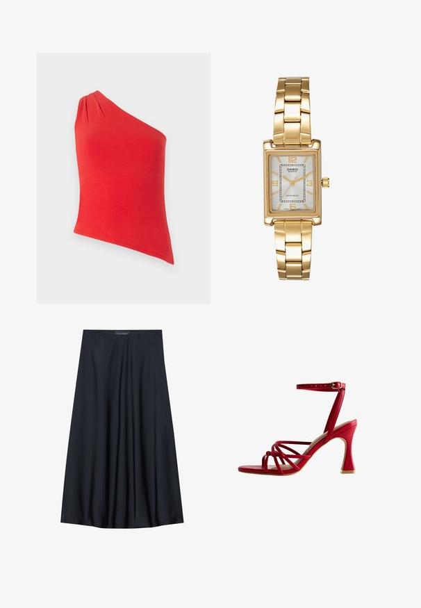 Haut rouge à une épaule en tissu lisse. Présente un détail froncé sur l'épaule. Design ajusté avec un ourlet droit.; Jupe noire, arrivant aux genoux, en tissu léger avec un design fluide. Présente une texture lisse et de subtils plis pour un détail supplémentaire.; Sandal à talons hauts rouge avec un design épuré, présentant des brides croisées, une sangle de cheville avec boucle et un talon texturé.; Montre-bracelet rectangulaire dorée avec un cadran blanc, des index horaires argentés et un bracelet en métal durable. Fonction étanche incluse.