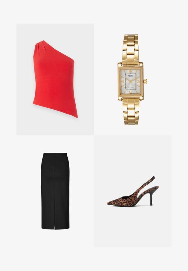 Červený top na jedno rameno vyrobený z hladkého materiálu. Obsahuje na rameni detail s řasením. Úzký střih s rovnou spodní částí.; Černá pouzdrová sukně z hladké látky, s délkou po kolena, jemným bočním rozparkem a čistými švy. Bez viditelných vzorů nebo kovových částí.; Lodičky na vysokém podpatku se zvířecím potiskem, s špičatou špičkou, černým lesklým podpatkem a nastavitelným páskem kolem kotníku. Měkký materiál se strukturovaným povrchem.; Zlatý obdélníkový náramkový hodin s bílým ciferníkem, stříbrnými indexy a odolným kovovým náramkem. Obsahuje voděodolnou funkci.