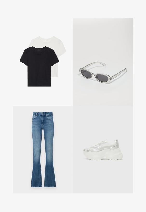 Twee T-shirts met korte mouwen in zwart en wit. Gemaakt van zacht katoen, met een ronde halslijn en een standaard pasvorm, met minimale stikdetails.; Uitlopende denim jeans in een medium blauwe was, met een knoopsluiting, een vijf-pocket ontwerp en subtiele vervaging voor variatie in textuur.; Zilveren sneaker met een gestructureerde mesh bovenkant en iriserende accenten, voorzien van een chunky witte zool en vetersluiting.; Zonnebril met een ovale vorm, helder plastic montuur, donkergrijze glazen en dunne transparante pootjes met logo-accenten en minimale details.